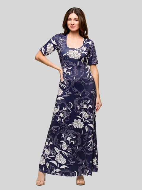 Blue Floral Print Elbow Sleeve Casual A-Line Maxi Dress