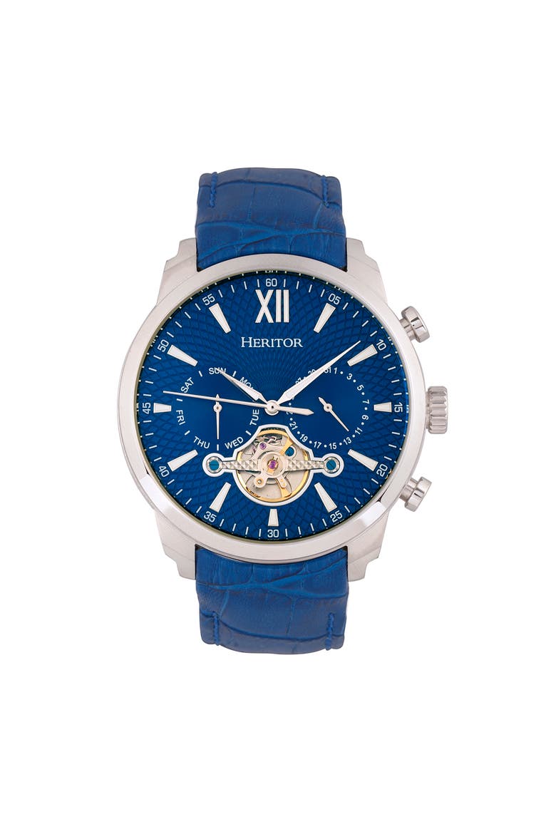 Arthur Semi-Skeleton Leather-Band Watch w/ Day/Date, Main, color, Silver/Blue