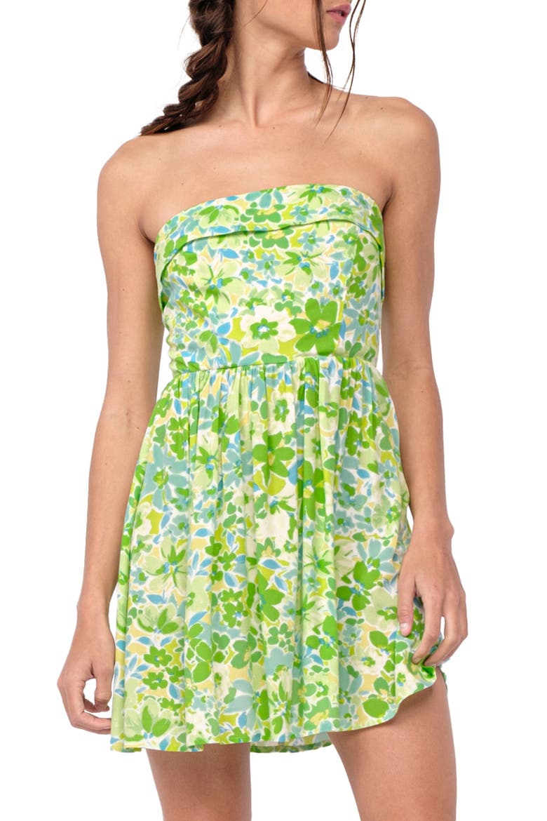 Floral Folded Strapless Fit & Flare Minidress, Alternate, color, BRIGHT GREEN