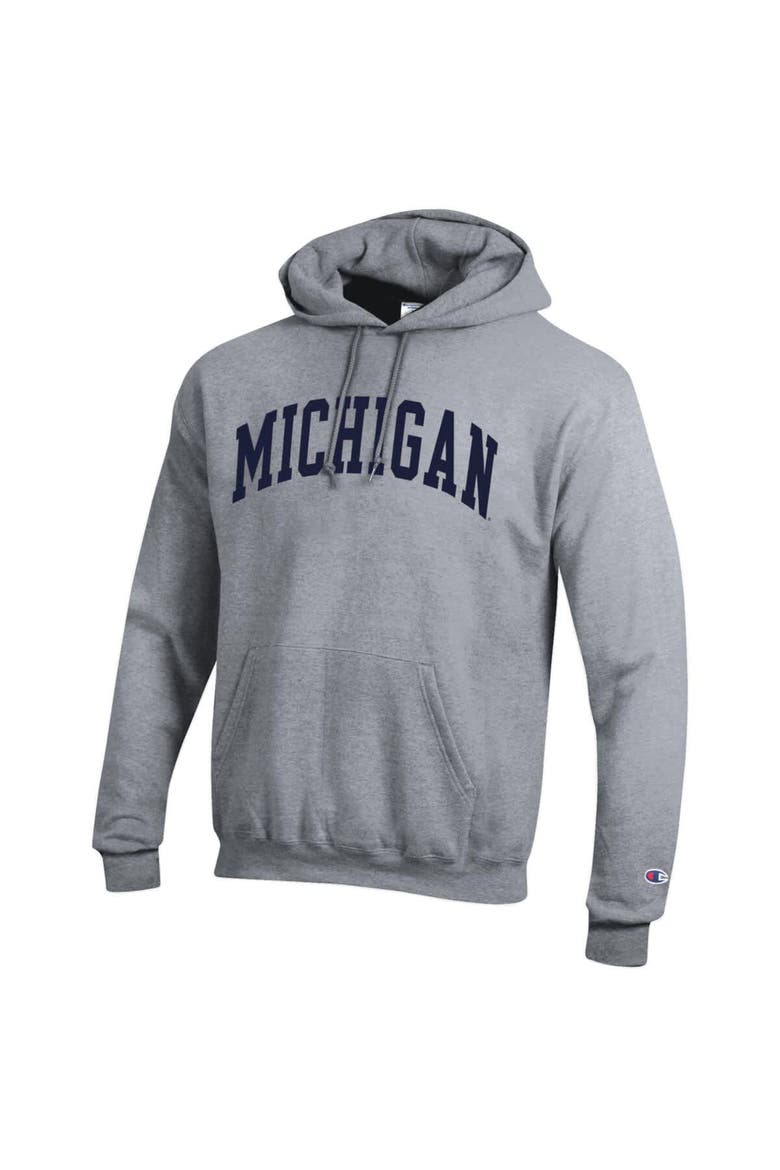 Men's Champion  Heather Gray Michigan Wolverines Basic Arch Fleece Pullover Hoodie, Alternate, color, Heather Gray