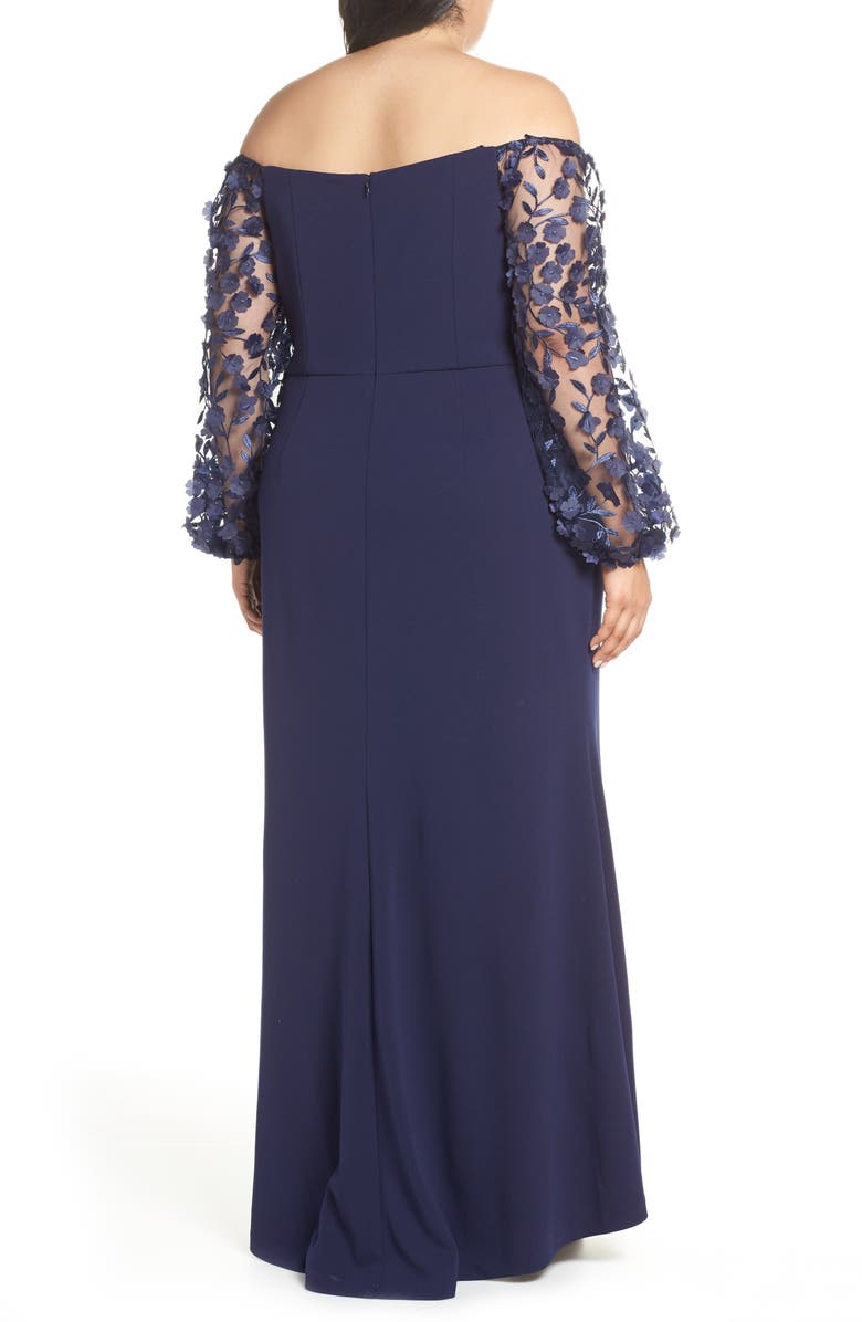 Eliza J Off the Shoulder 3D Floral Sleeve Scuba Crepe Evening Dress, Alternate, color, 