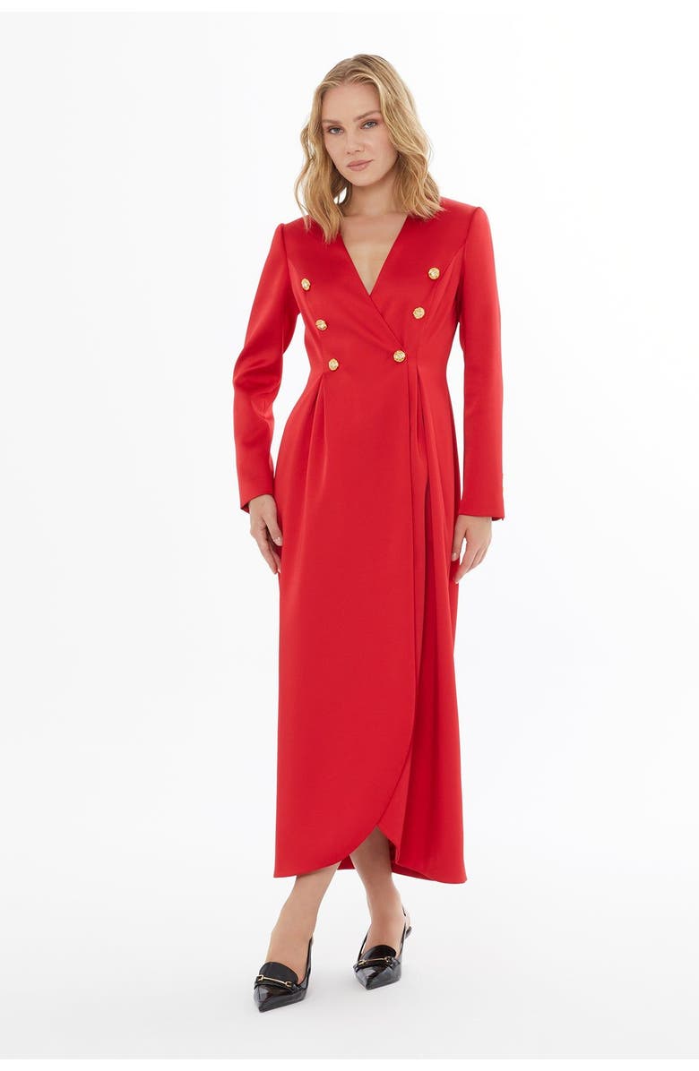 Gizia Button Detail V-Neck Maxi Long Dress, Main, color, Red