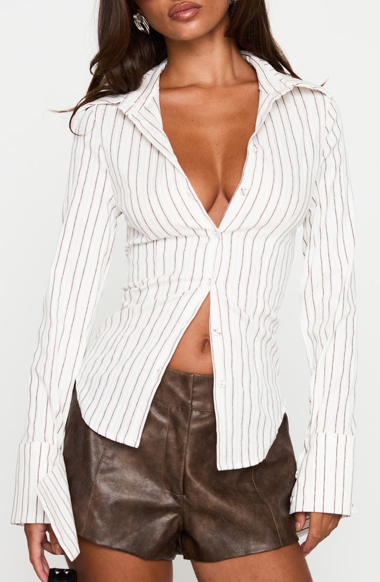 Princess Polly Madlin Stripe Long Sleeve Button-Up Shirt, Main, color, White Stripe