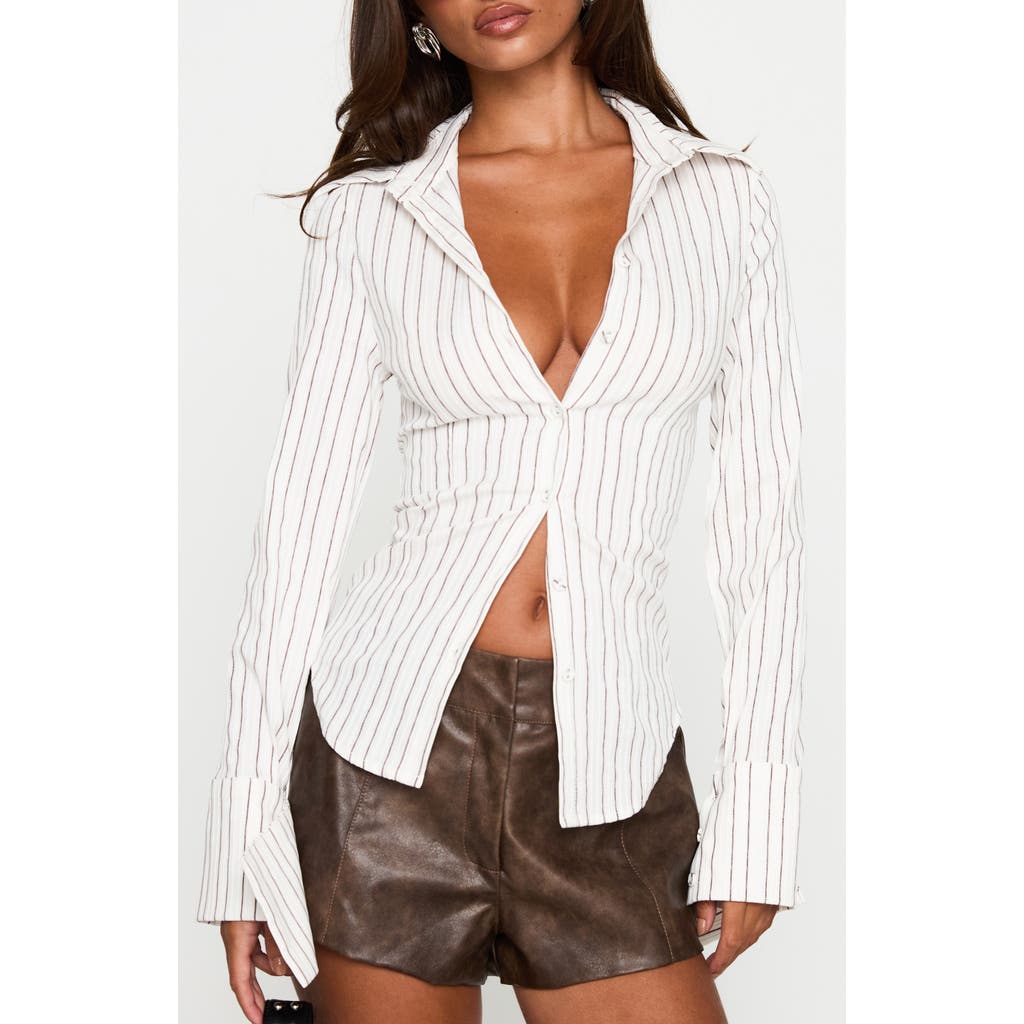 Princess Polly Madlin Stripe Long Sleeve Button-up Shirt In Neutral