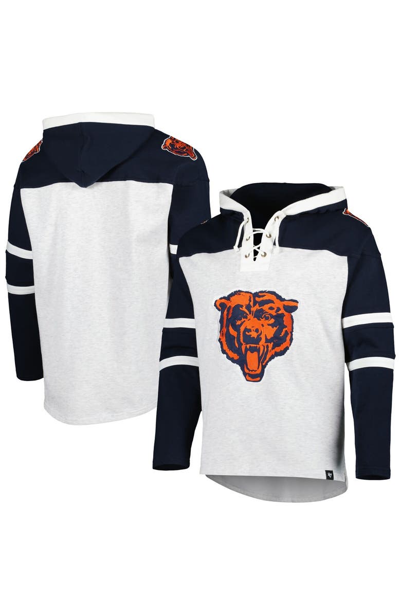'47 Men's '47 Chicago Bears Heather Gray Logo Gridiron Lace-Up Pullover Hoodie, Main, color,