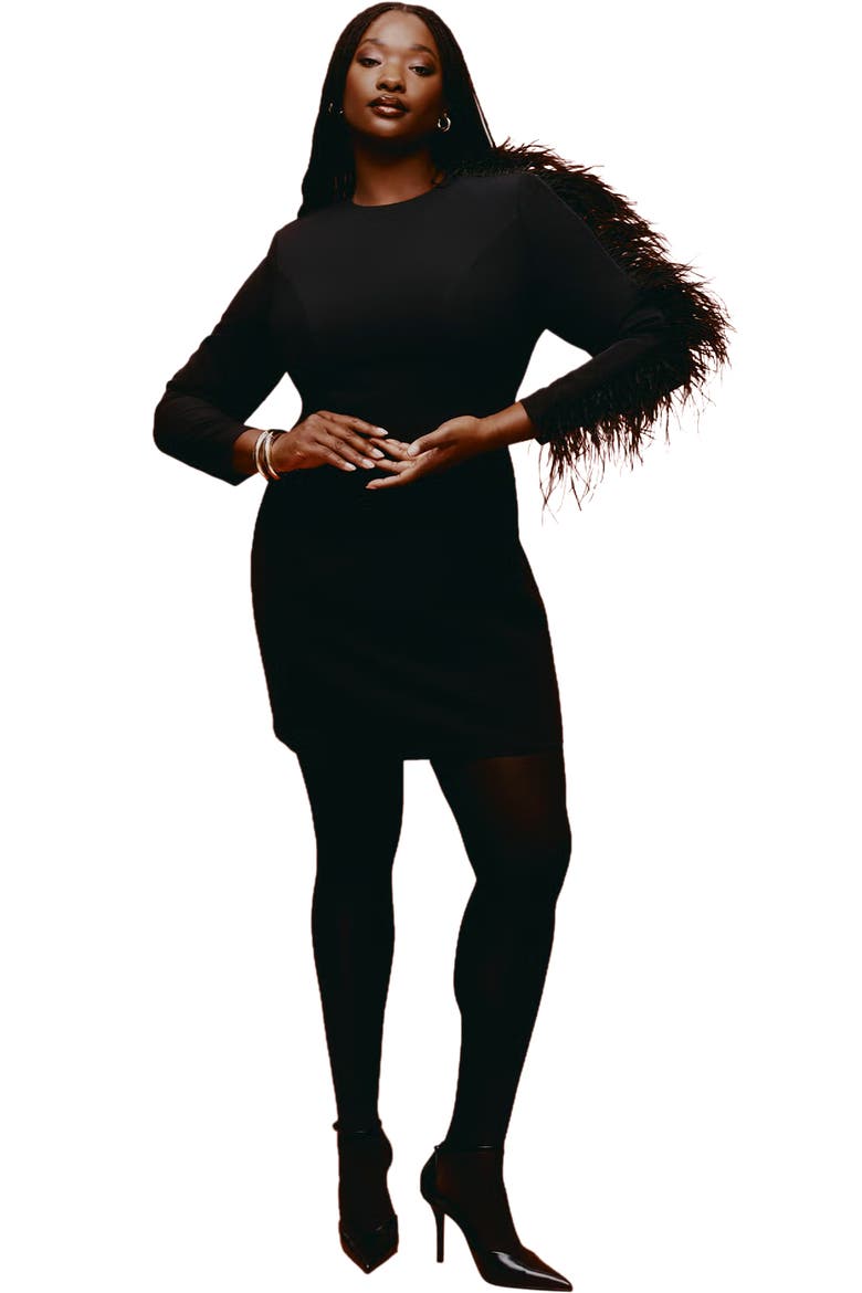 Feather Sleeve Mini Dress, Main, color, BLACK ONYX