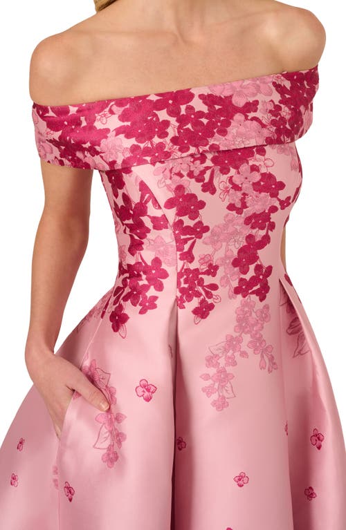 Adrianna Papell Floral Off The Shoulder Jacquard Gown In Pink Multi