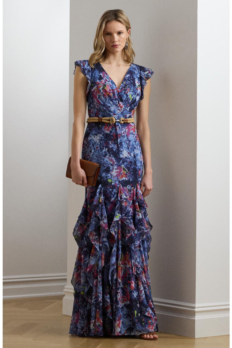 Abstract Floral Ruffle Detail Crinkle Georgette Gown, Alternate, color, BLUE MULTI