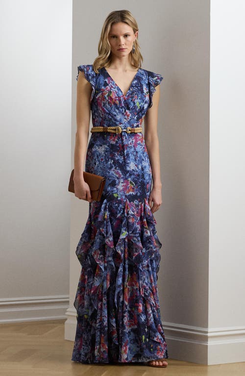 Ralph Lauren Print Ruffle-trim Crinkle Georgette Gown In Blue