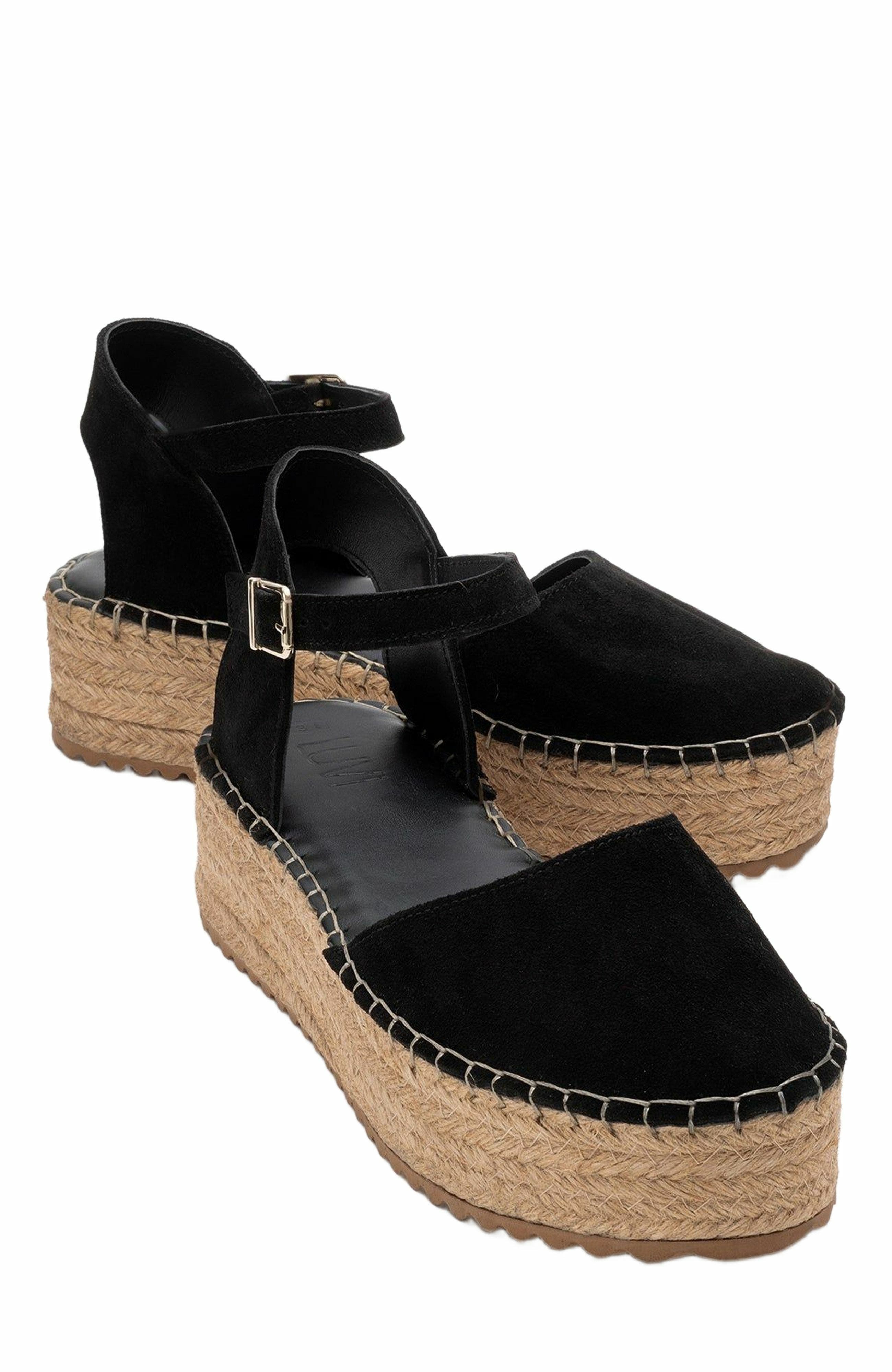 Forever & Always Shoes Viba Leather Espadrille Platform Wedge Sandals, Main, color, Black Suede Leather