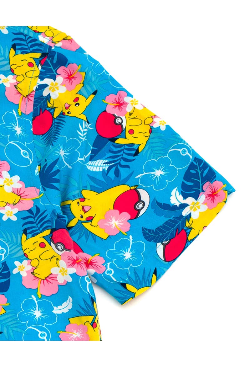 Pikachu Hawaiian Short Sleeve Button Down Shirt, Alternate, color, Pikachu Island Blue