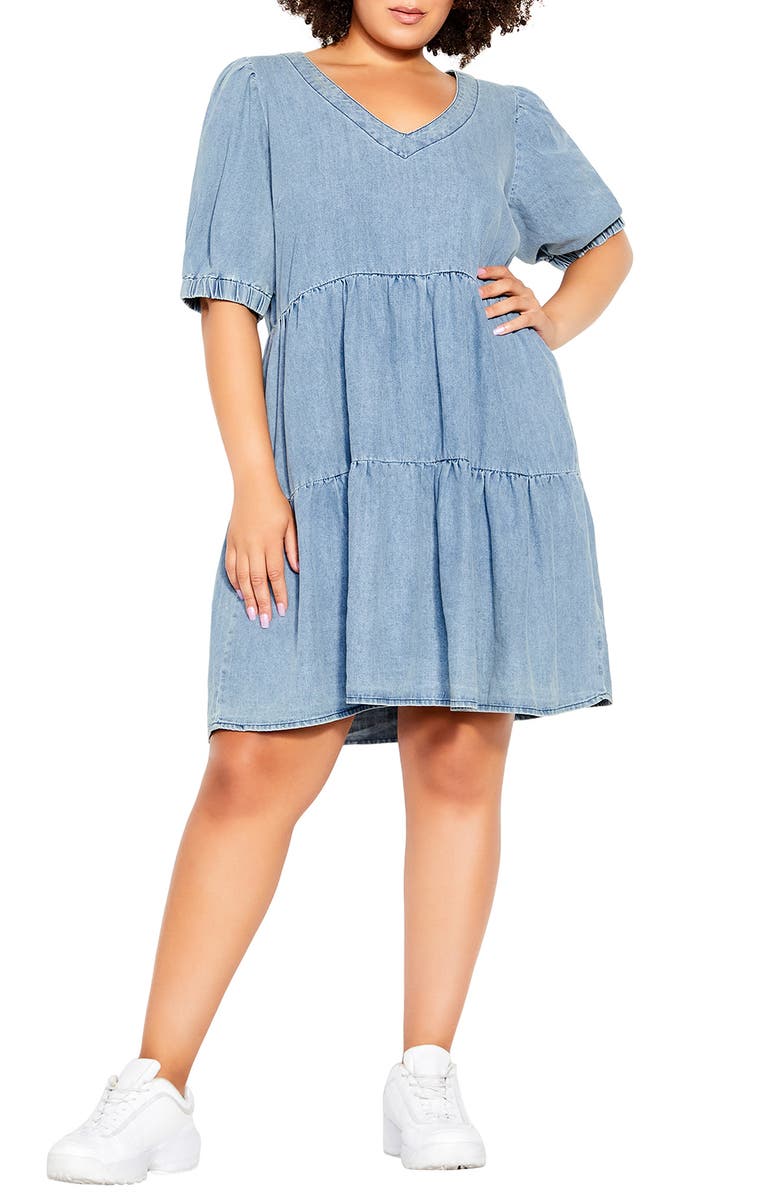 City Chic Coastal Tiered Nonstretch Denim Dress, Main, color, 