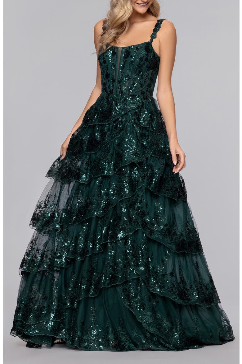 Sequin Tiered Ruffle Ballgown, Main, color, HUNTER