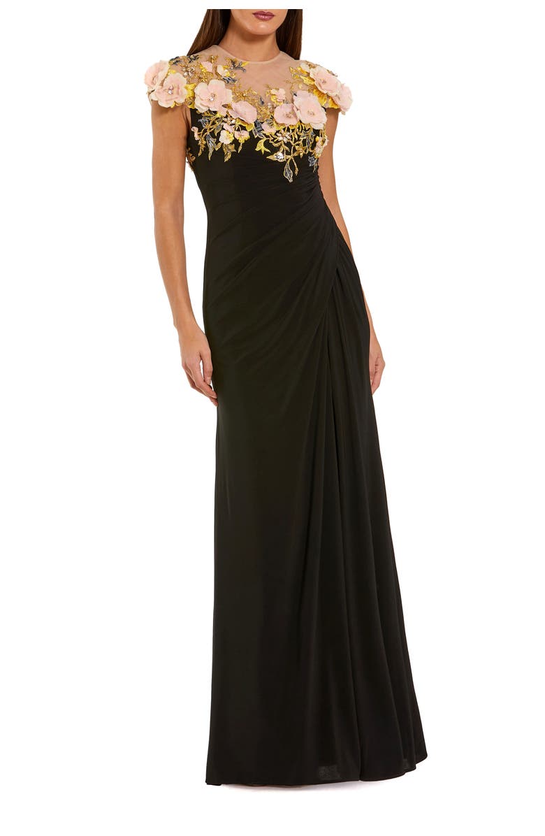 Mac Duggal Jersey Column Gown With 3D Flower Embellishments, Main, color, Black Multi