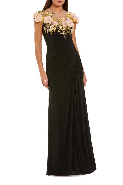 Jersey Column Gown With 3D Flower Embellishments