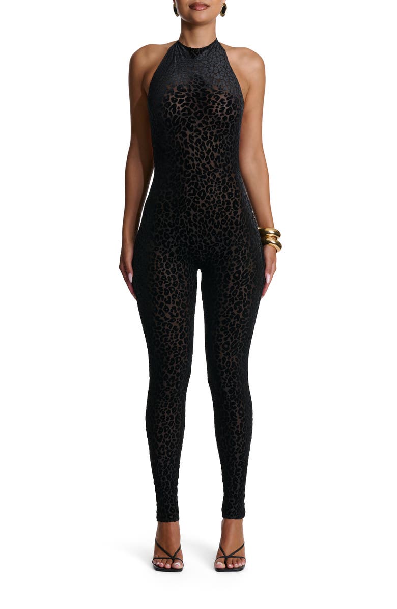 Naked Wardrobe Burnout Open Back Jumpsuit, Main, color, Leopard Black