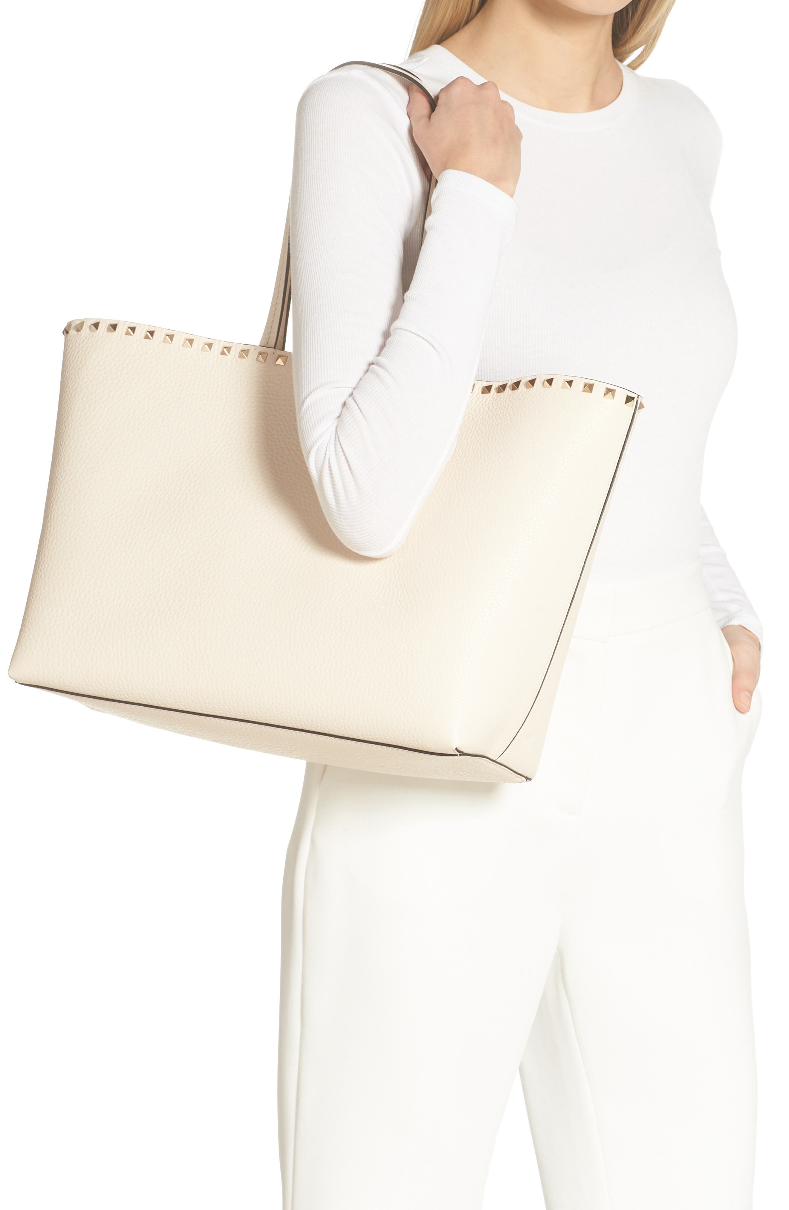 Valentino Garavani Rockstud Leather Tote, Alternate, color, Light Ivory