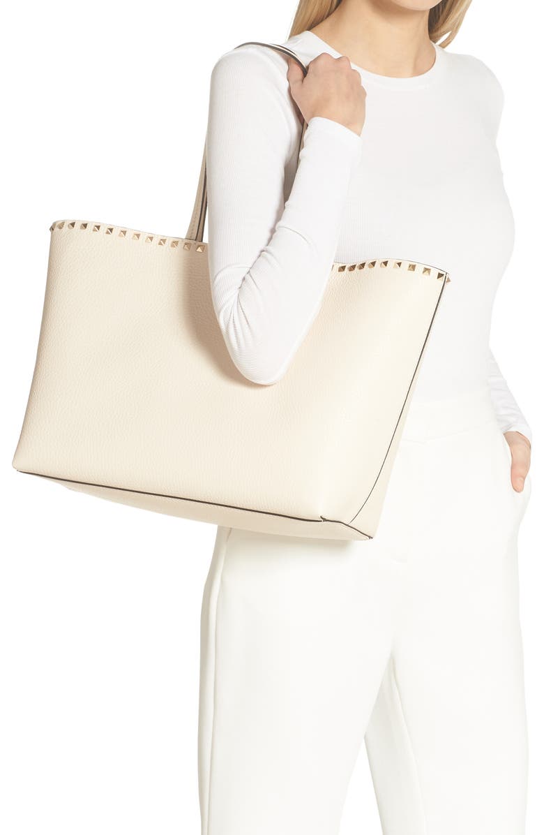 Valentino Garavani Rockstud Leather Tote, Alternate, color, Light Ivory