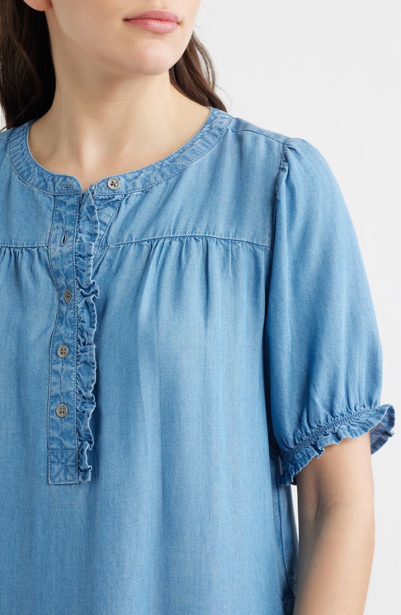 beachlunchlounge Rhea Ruffle Shift Dress, Alternate, color, Medium Wash