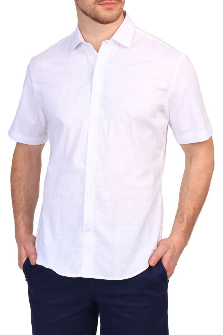 Windowpane Stretch Cotton Short Sleeve Button-Down Shirt, Main, color, DOVE WHITE