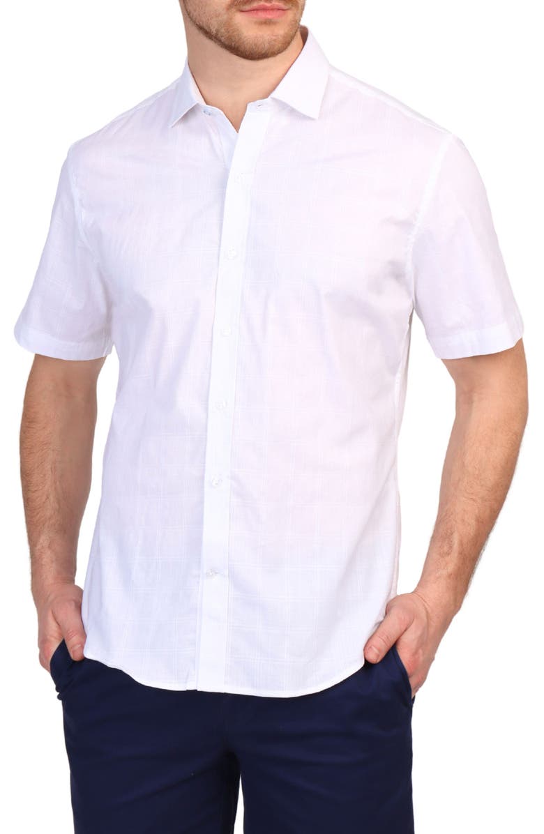 TailorByrd Windowpane Stretch Cotton Short Sleeve Button-Down Shirt, Main, color, Dove White