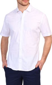 TailorByrd Windowpane Stretch Cotton Short Sleeve Button-Down Shirt