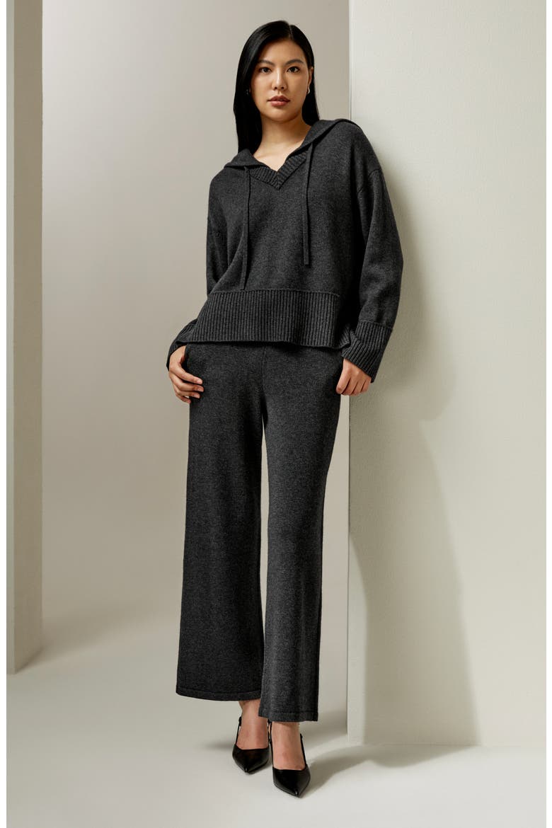 Women's V Neck Wool-Cashmere Blend Hoodie, Alternate, color, Dark Gray