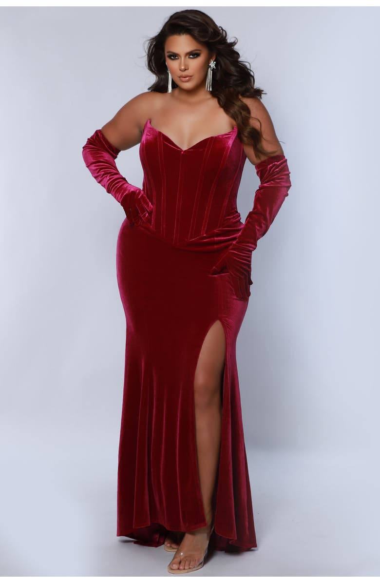 Johnathan Kayne for Sydney's Closet Strapless Velvet Corset Plus Size Evening Gown with Gloves, Alternate, color, Berry