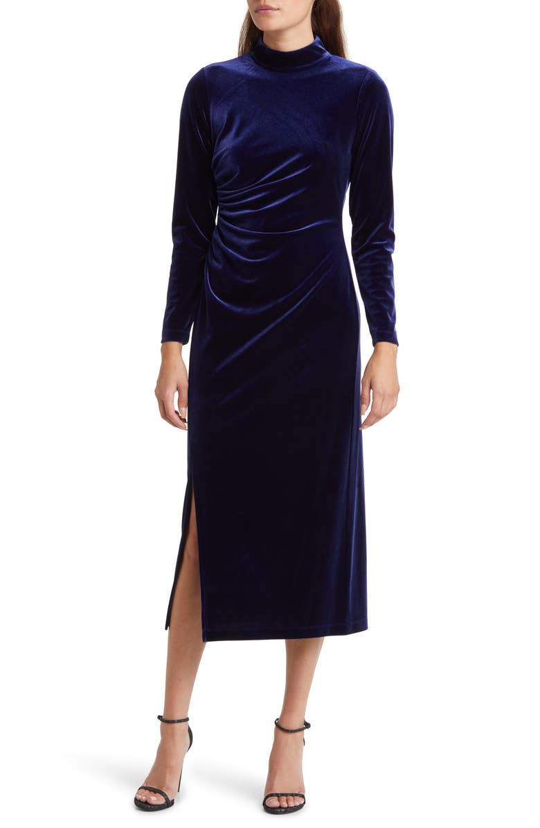 Anne Klein Ruched Long Sleeve Velvet Dress, Main, color, 