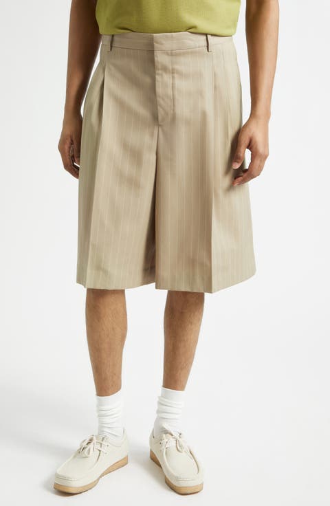 Pleated Pinstripe Wide Leg Wool Gabardine Bermuda Shorts