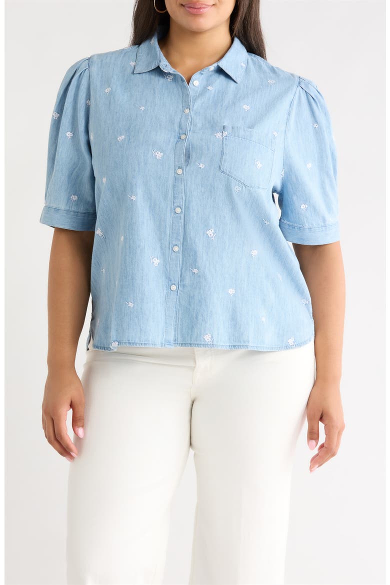 Embroidered Short Sleeve Chambray Shirt, Main, color, LIGHT WASH
