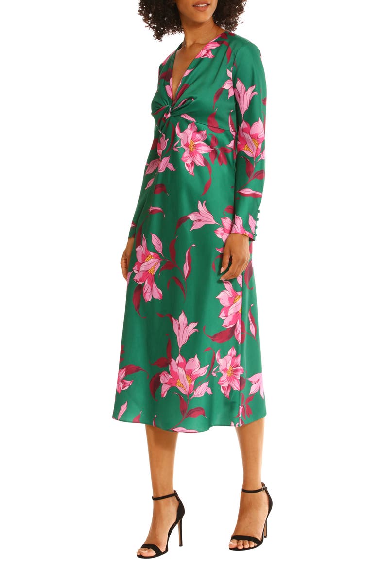 Floral Twisted Empire Waist Midi Dress, Alternate, color, EMERALD GREEN/ PINK BLOSSOM
