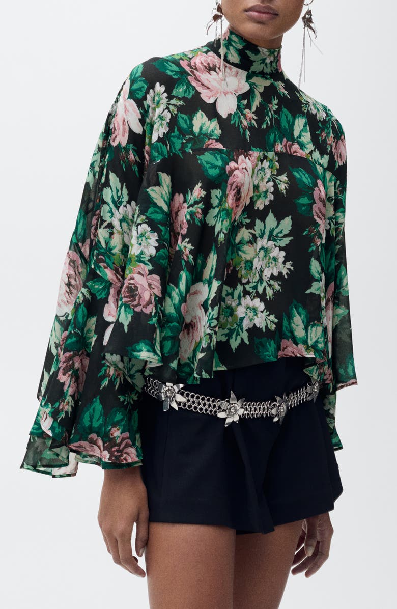 MANGO Floral Print Tie Neck Top, Alternate, color, 