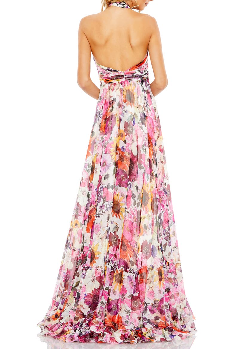 Asymmetrical Ruffled Halter Floral Gown, Alternate, color, PINK/ WHITE MULTI