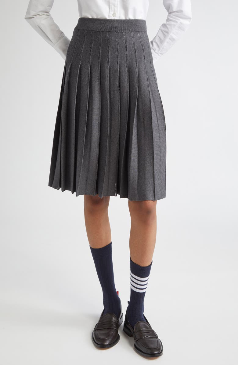 Thom Browne Pointelle Pleated Wool & Silk Skirt, Main, color, Medium Grey