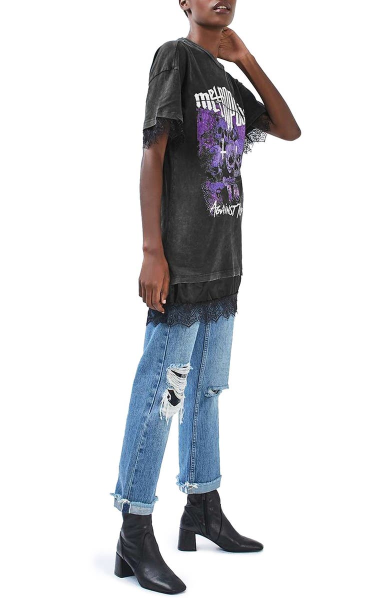 Topshop Lace Hem Graphic Tee, Alternate, color, 