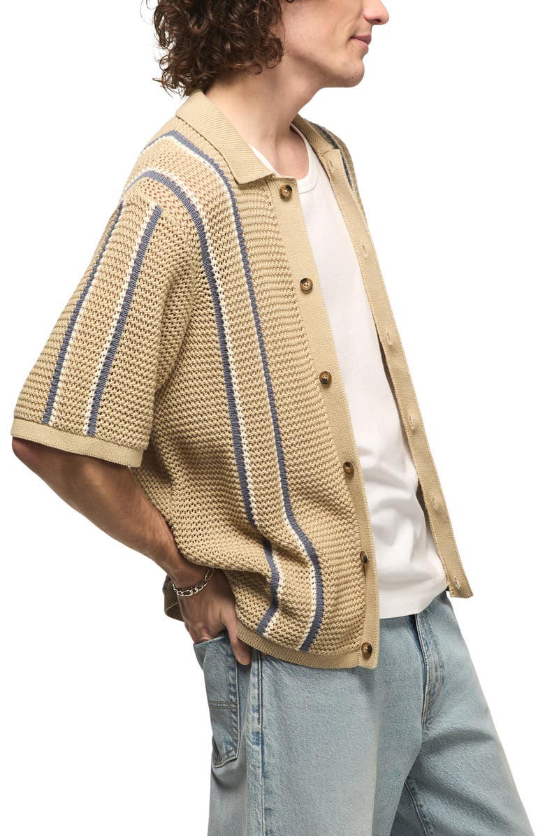 Lucky Brand Stripe Short Sleeve Cotton Button-Up Sweater, Alternate, color, Tidal Foam