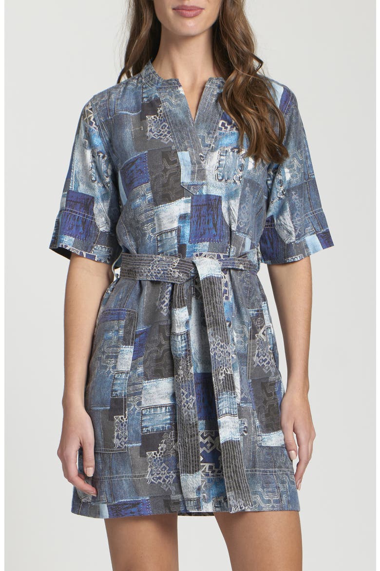 Patchwork Print Belted Dress, Alternate, color, INDIGO MULTI