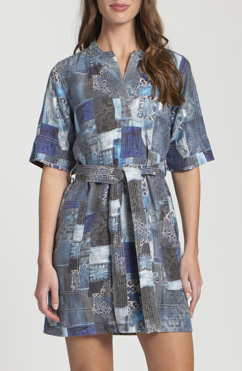 APNY Patchwork Print Belted Dress, Alternate, color, Indigo Multi