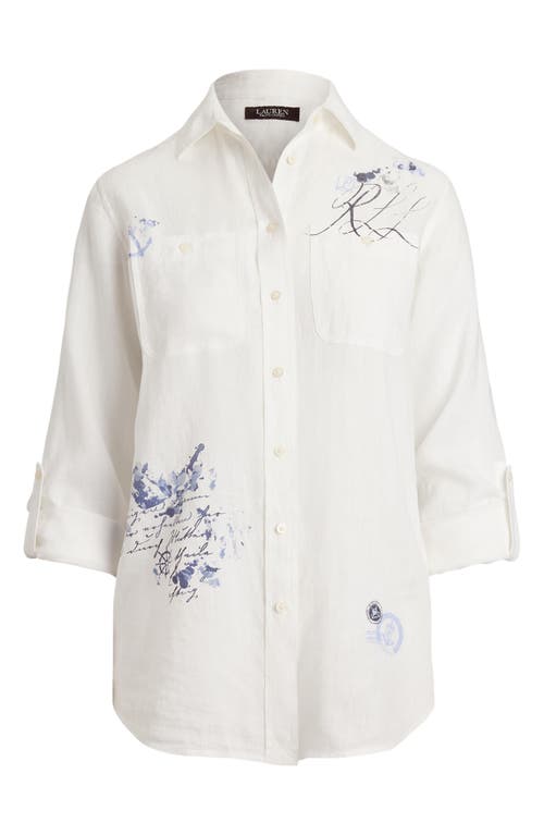 Ralph Lauren 100 Linen Womens Relaxed Fit Print Roll Tab Sleeve Shirt P Xs 3x In White