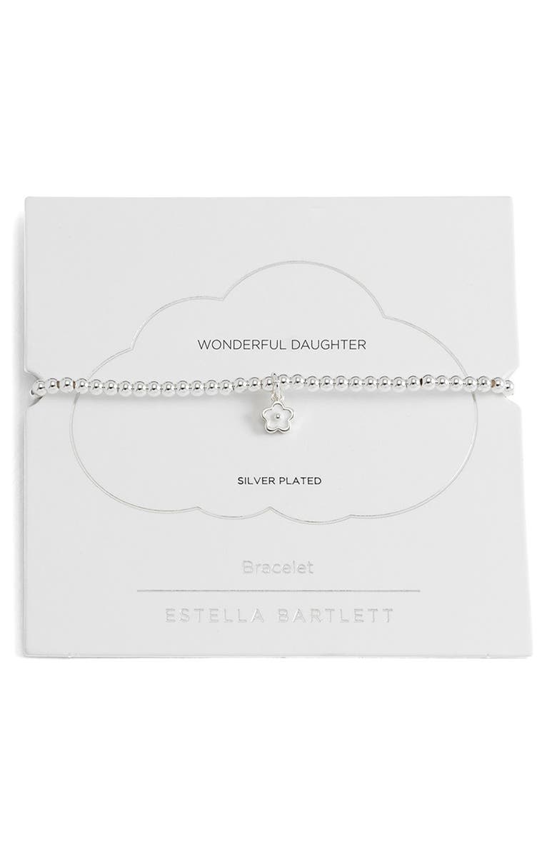 Estella Bartlett White Flower Sienna Beaded Stretch Bracelet, Main, color, Silver