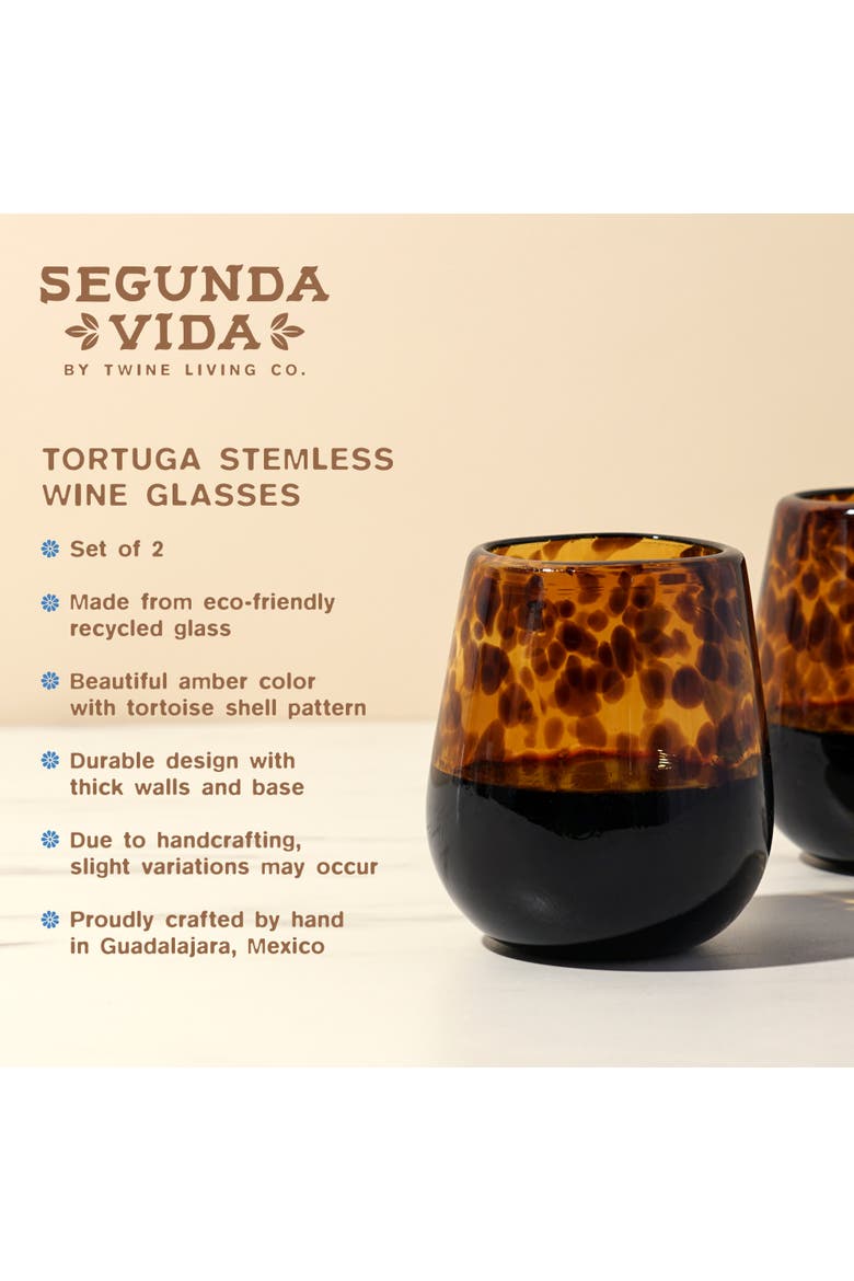 Segunda Vida Tortuga Recycled Stemless Wine Glasses Set of 2, Alternate, color, Brown