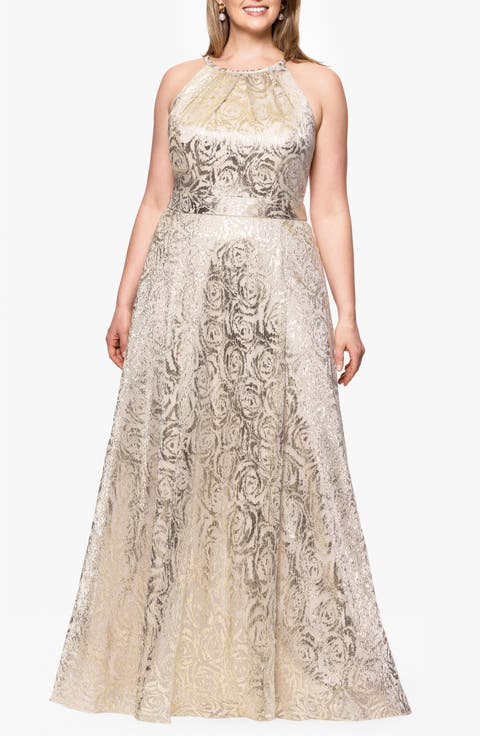 Rose Crinkle Foil Sleeveless Gown (Plus)