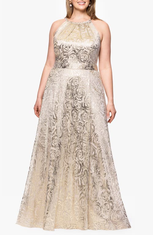 Betsy & Adam Rose Crinkle Foil Sleeveless Gown