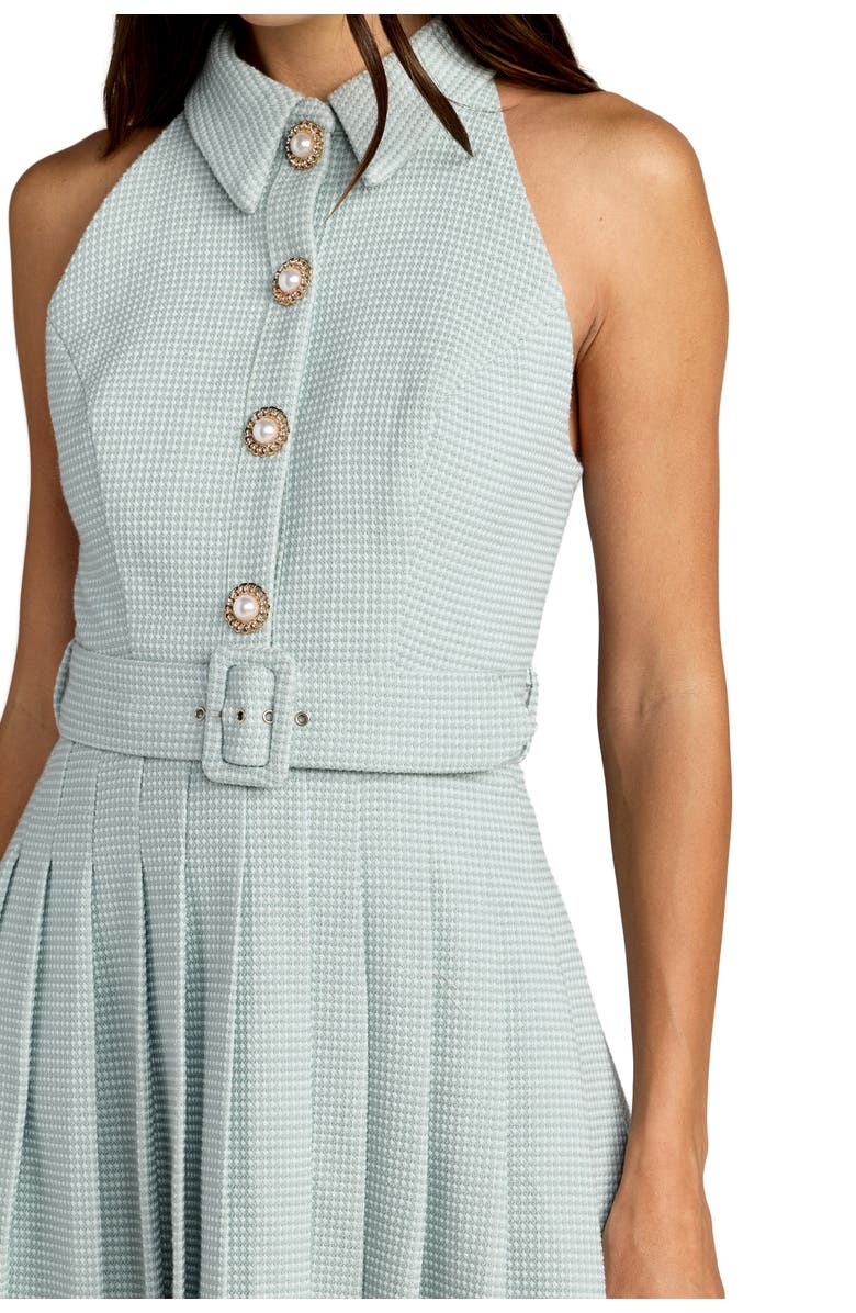 Mac Duggal Boucle Sleeveless Button Up Pleated Mini Dress, Alternate, color, Sage