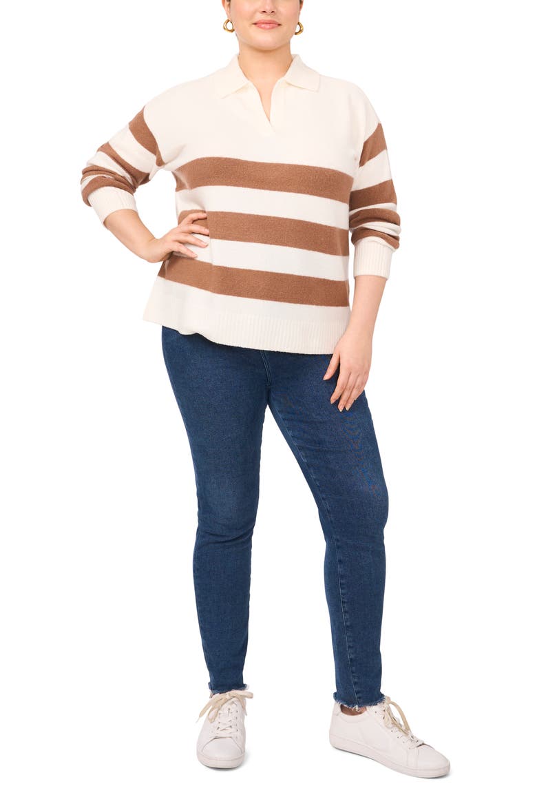 Stripe Polo Sweater, Alternate, color, ANTIQUE WHITE/ COCOA