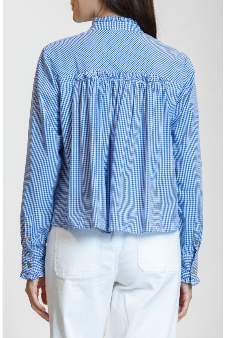 Ruffle Detail Cotton Gingham Button-Up Shirt, Alternate, color, COBALT BLUE