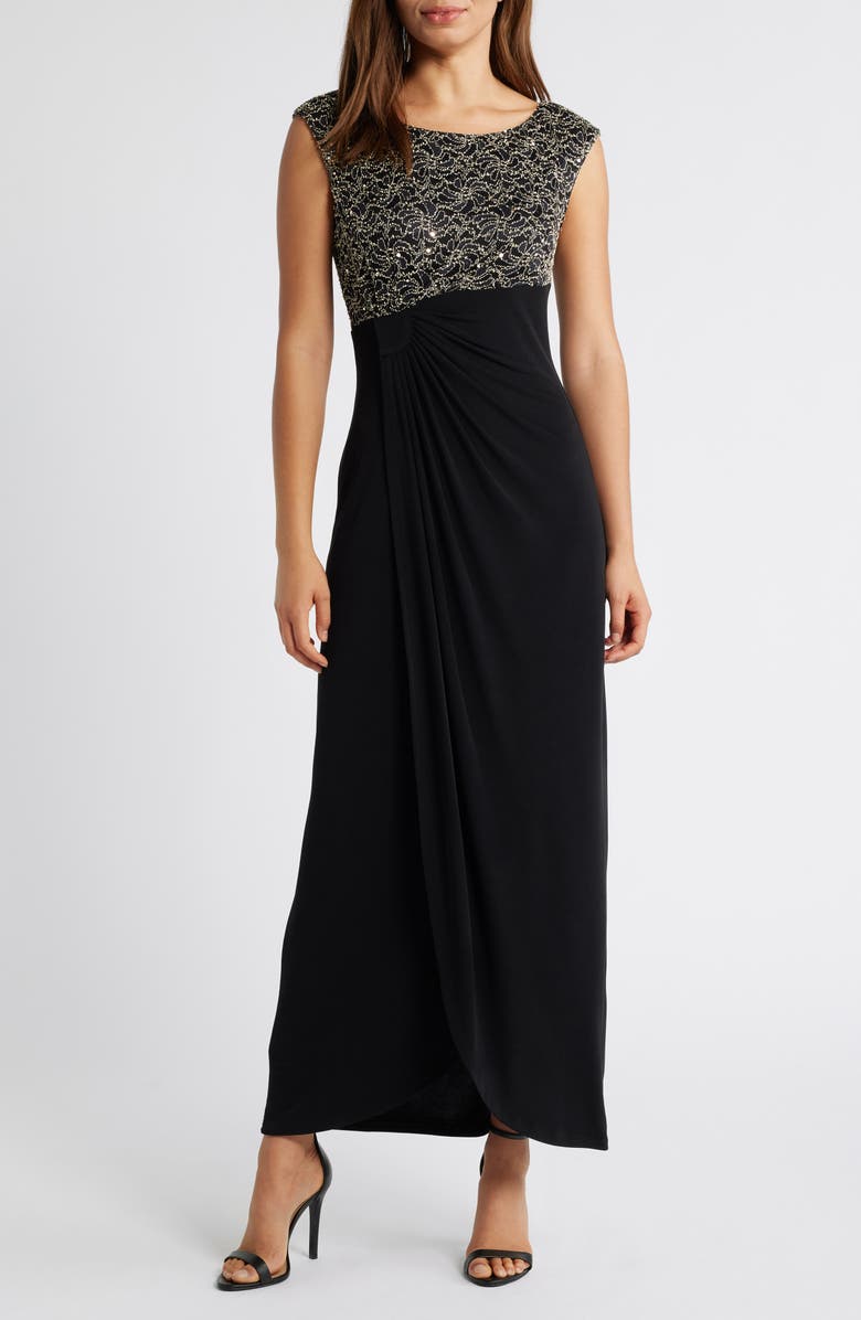 Connected Apparel Lace Faux Wrap Gown, Main, color, 