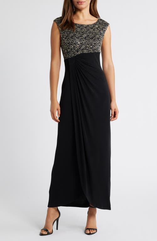 Connected Apparel Lace Faux Wrap Gown in Black/Gold 