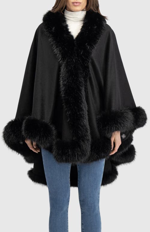 Lyla Grant Cashmere & Wool Blend Cape With Fur-free Fox (faux Fur) Trim In Black